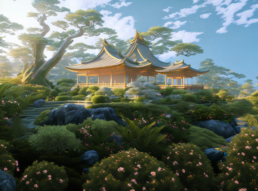 Traditional East Asian architecture in lush garden setting.