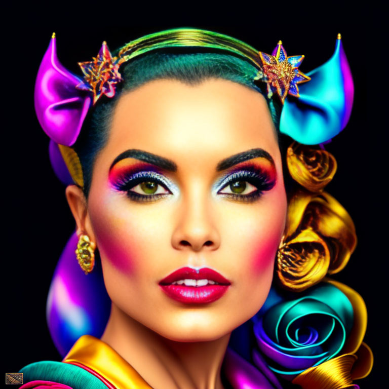 Colorful Makeup and Decorative Horns Portrait on Black Background
