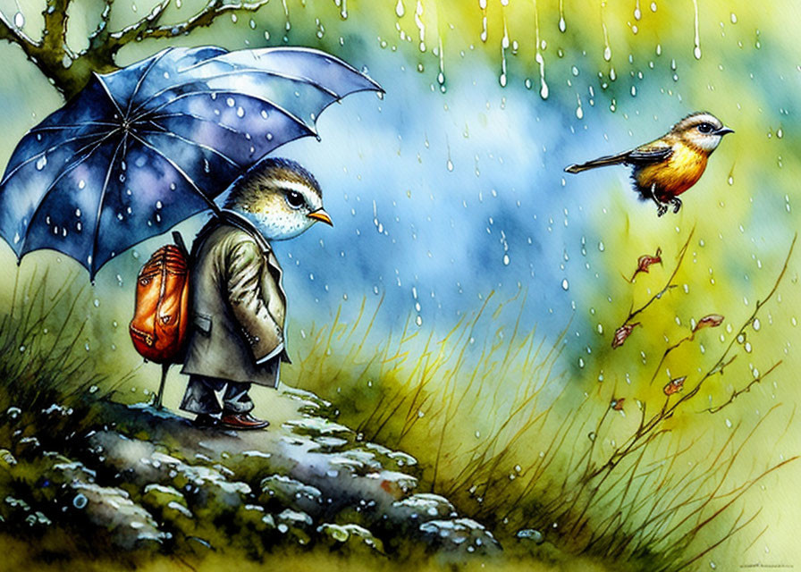 Anthropomorphic bird with backpack and blue umbrella in rain with small bird and lush greenery.