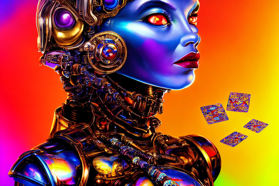 Futuristic female android with blue skin and intricate mechanical details on vibrant gradient background