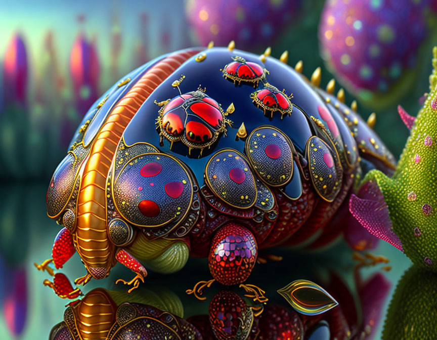 Vibrant fantasy landscape with intricately decorated beetle and colorful plant-like structures