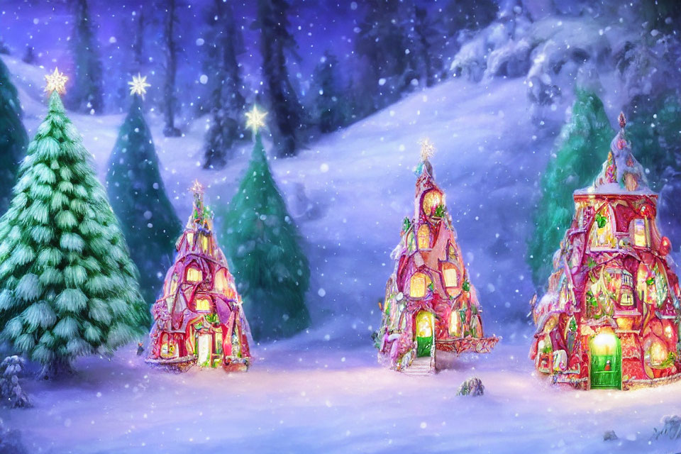 Snow-covered gingerbread houses in whimsical winter scene
