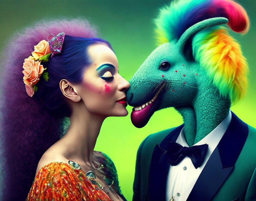 Vibrant makeup woman with flowers brushing noses with surreal kangaroo creature
