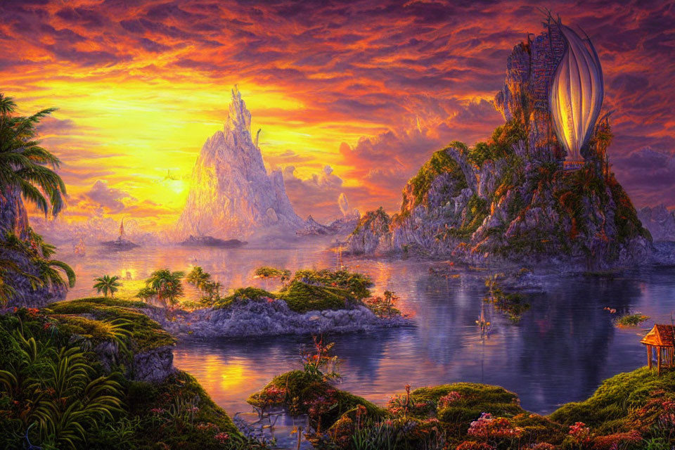 Vivid sunset over fantastical landscape with rocky islands, airship, and lush greenery