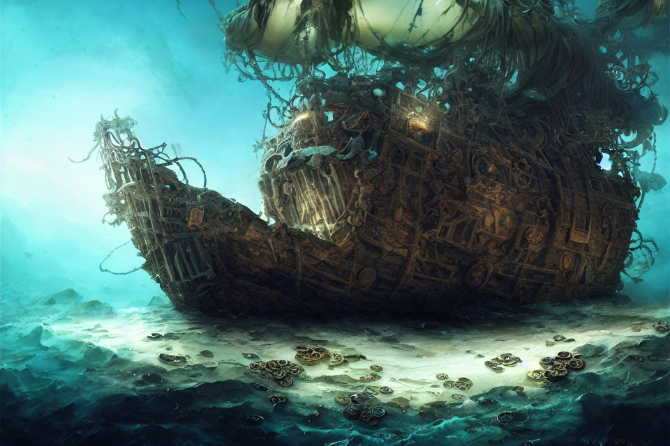 Sunken ship engulfed in marine vegetation in eerie underwater scene