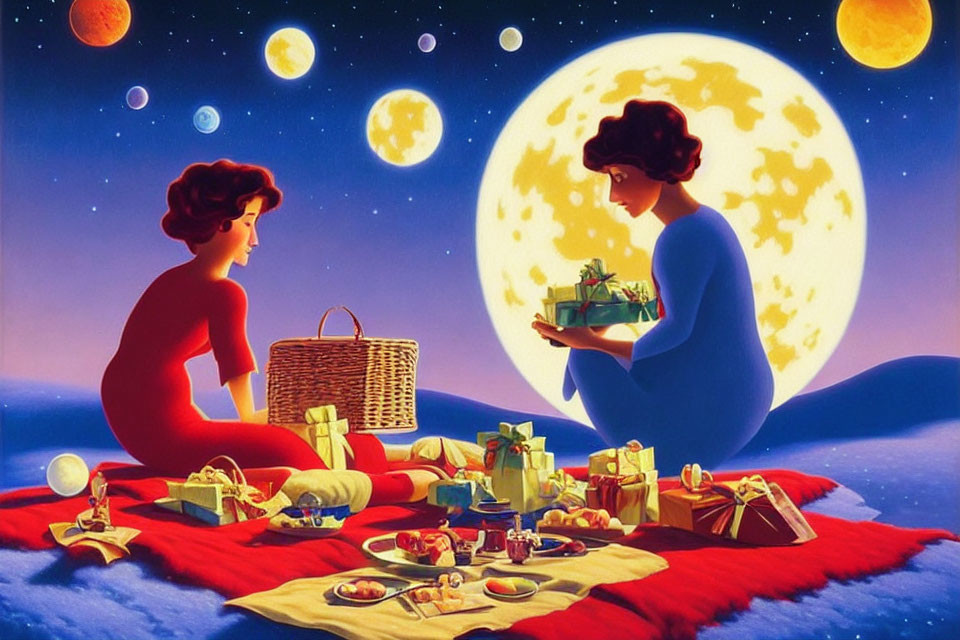Stylized women on red blanket with picnic and gifts under night sky