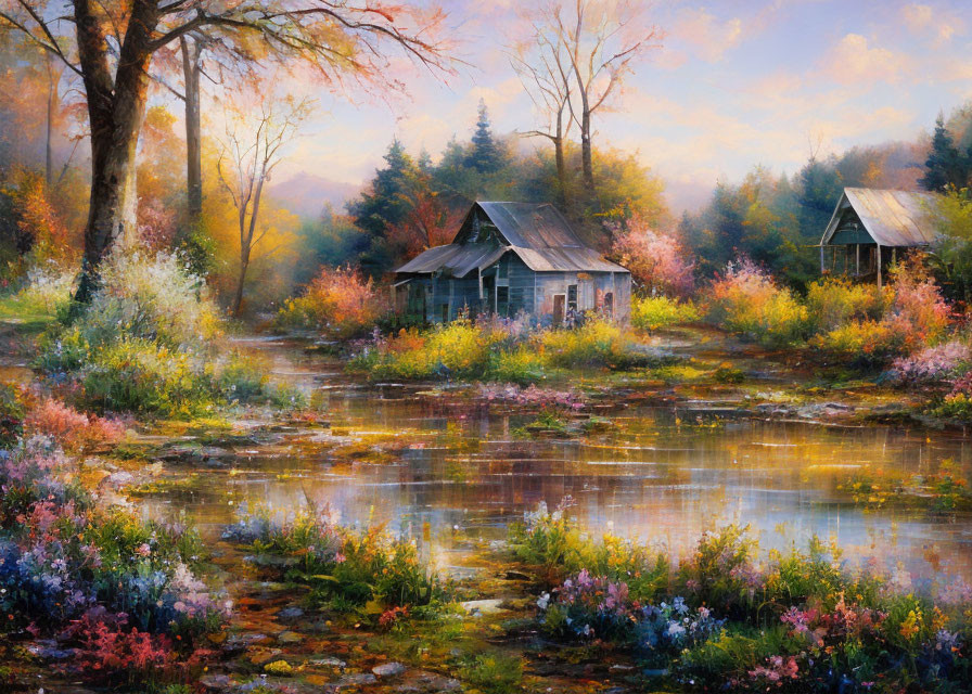 Tranquil landscape painting of colorful meadow and cottages by reflective pond