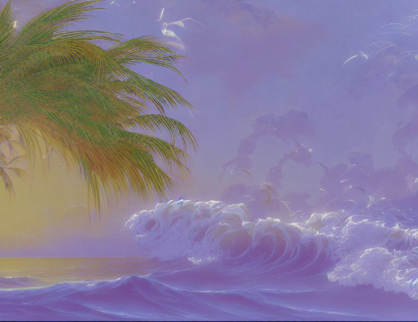 Surreal beach digital artwork: glowing purple haze, palm tree, foamy waves, yellow sky