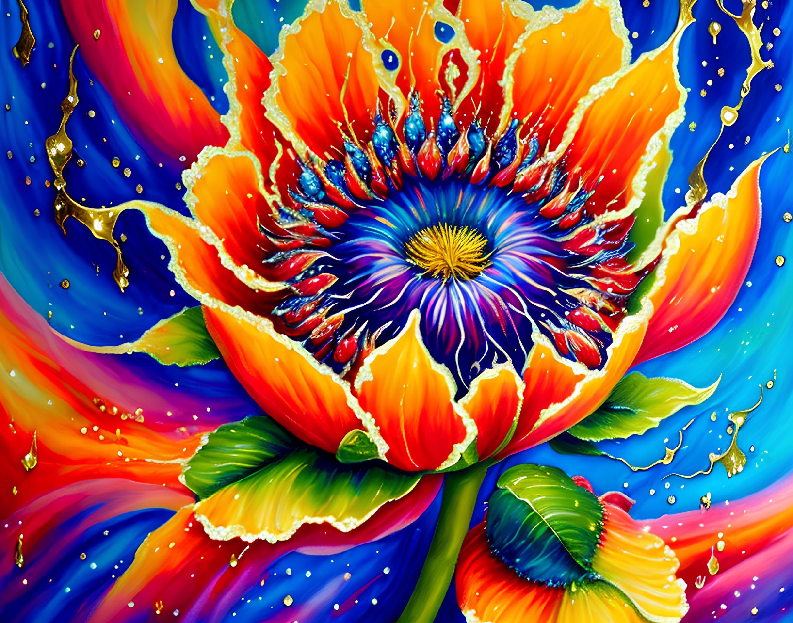 Colorful Flower Painting with Blue and Gold Splashes in Vibrant Hues