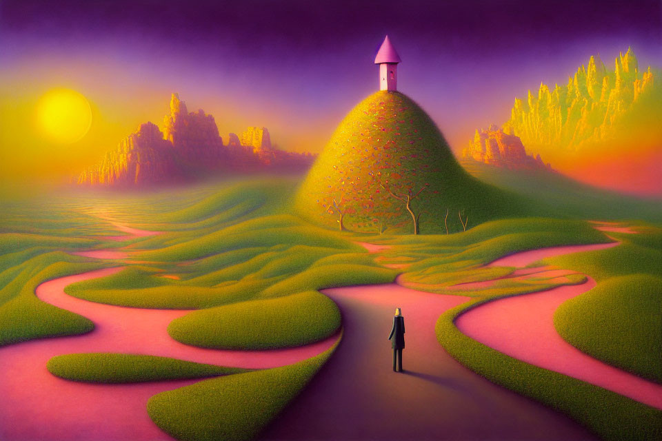Surreal landscape with pink tower, setting sun, and vibrant trees