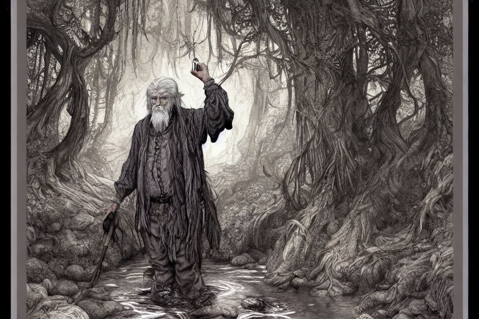 Elderly wizard in long robes raising glowing staff in misty forest