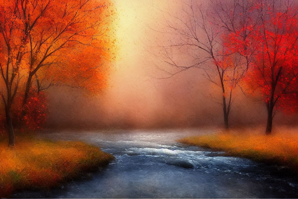 Tranquil autumn river scene with vibrant trees