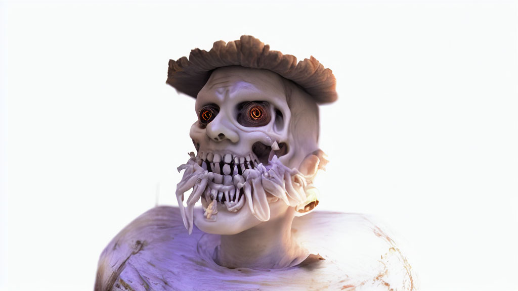 Exaggerated skull skeleton with wide eyes and multiple teeth in hat on white background
