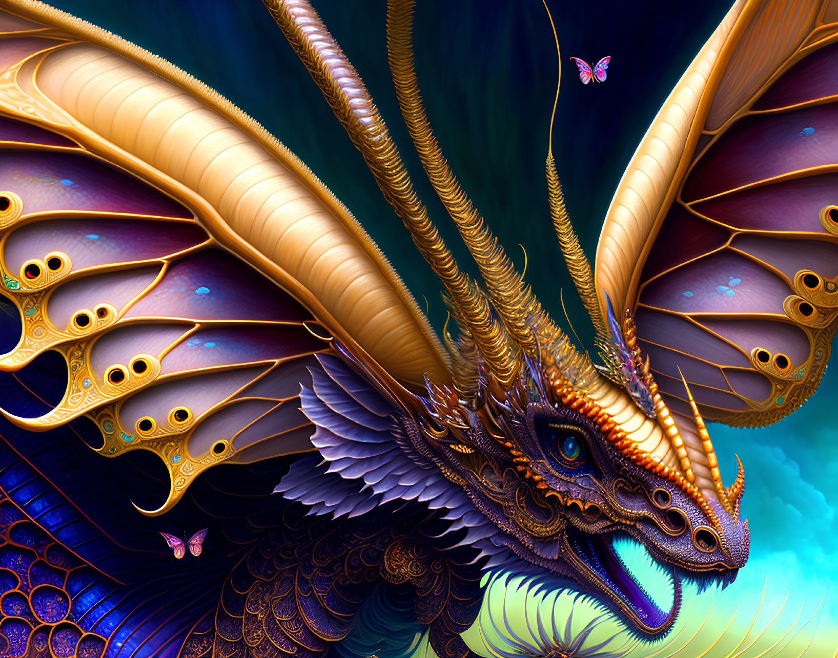 Detailed Golden Dragon Artwork with Wings and Horns on Dark Blue Background