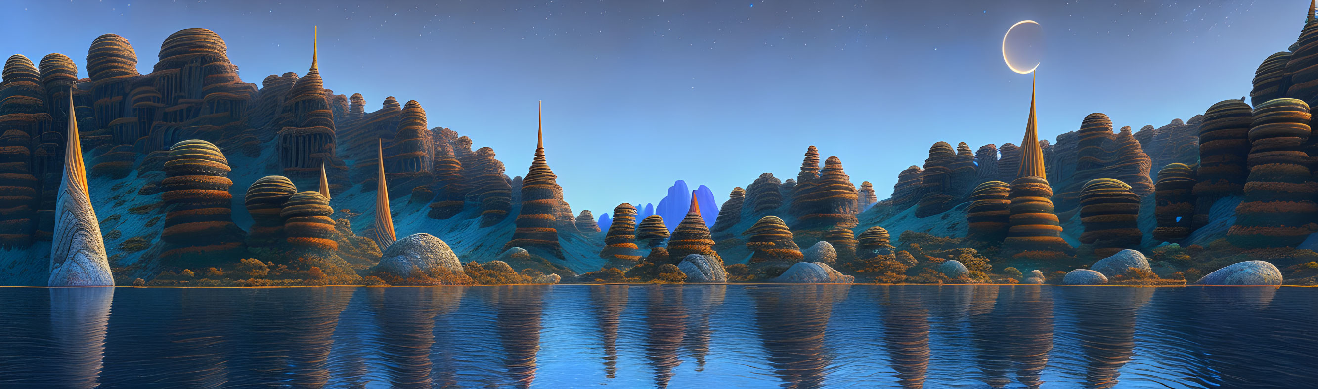 Alien landscape with layered rocks, reflective water, tall spires, crescent moon