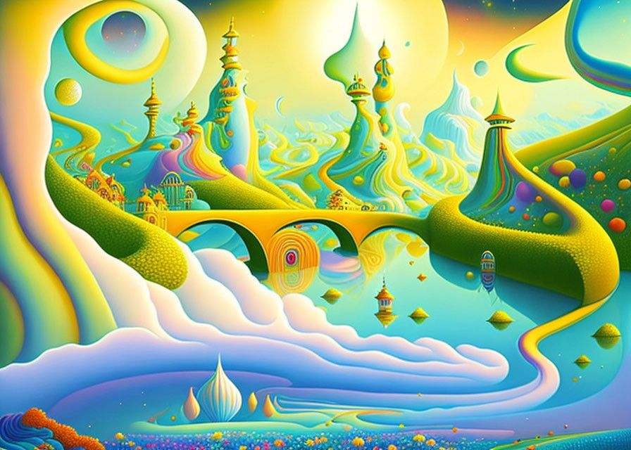 Vibrant surreal landscape with whimsical structures
