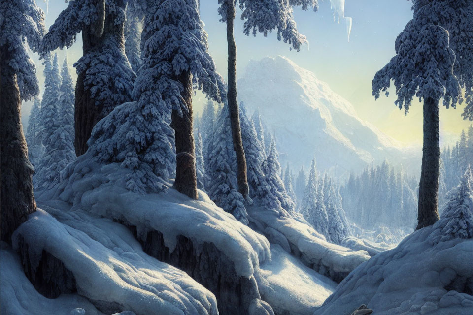Winter Landscape: Snowy Pine Trees, Mountain, and Blue Sky