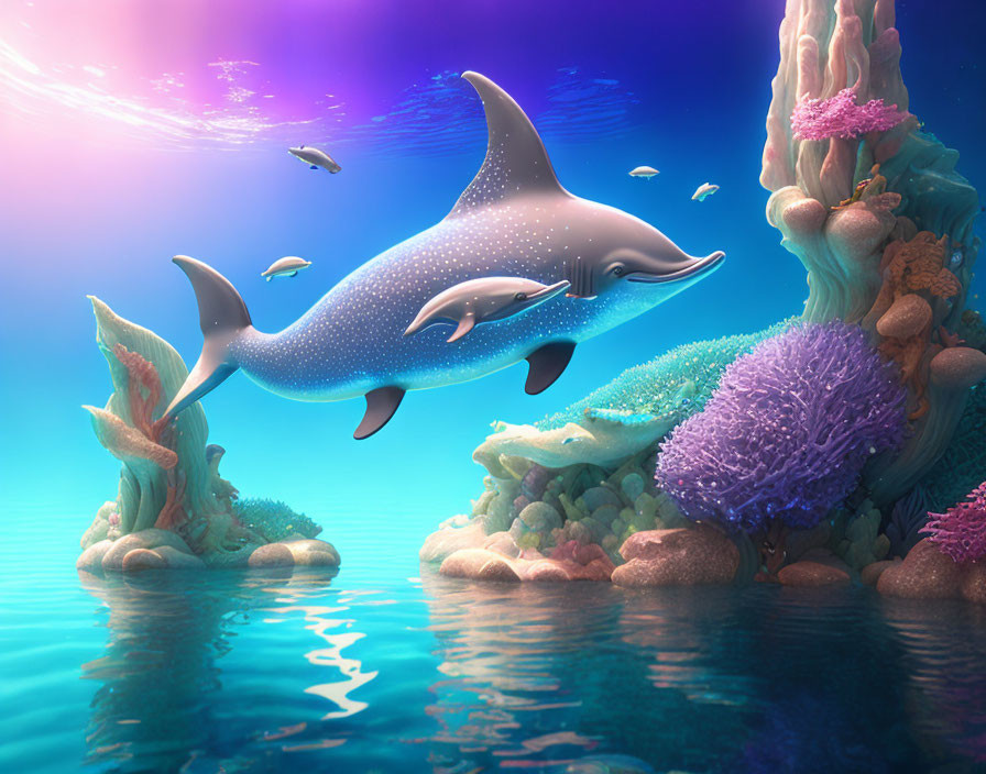 Whimsical underwater digital illustration with sparkling dolphin and vibrant coral reefs