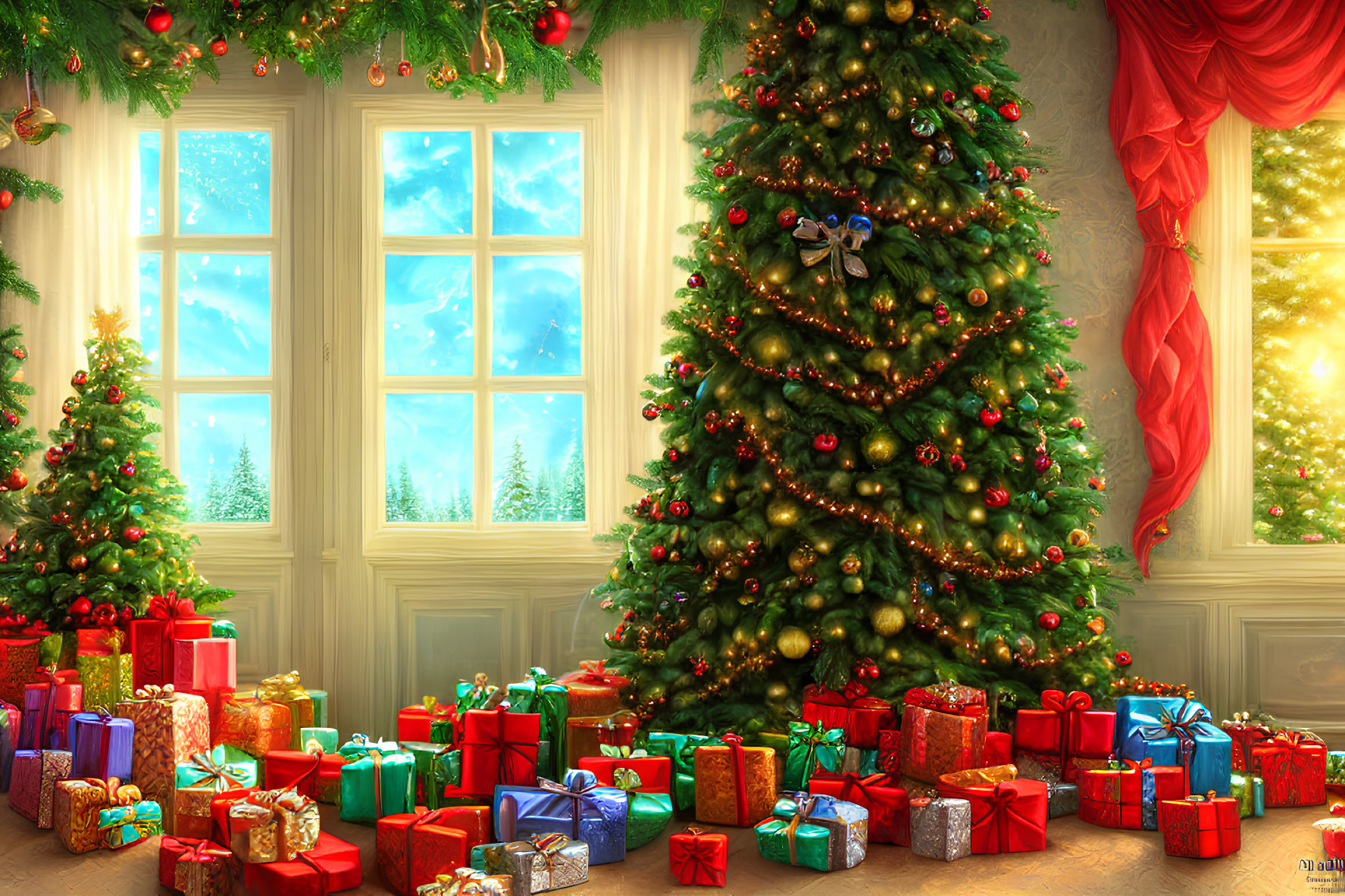Festive room with large Christmas tree and colorful gifts beside snowy window