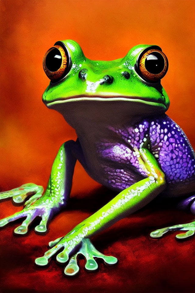 Colorful Frog with Green, Purple, and Orange Features on Orange Background