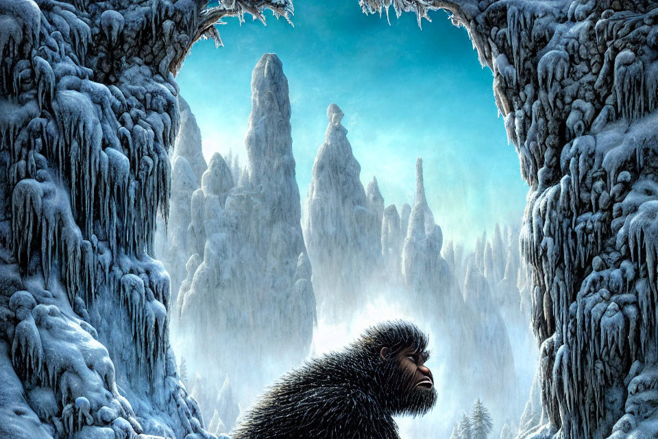 Giant ape in frozen landscape with icy peaks under blue sky