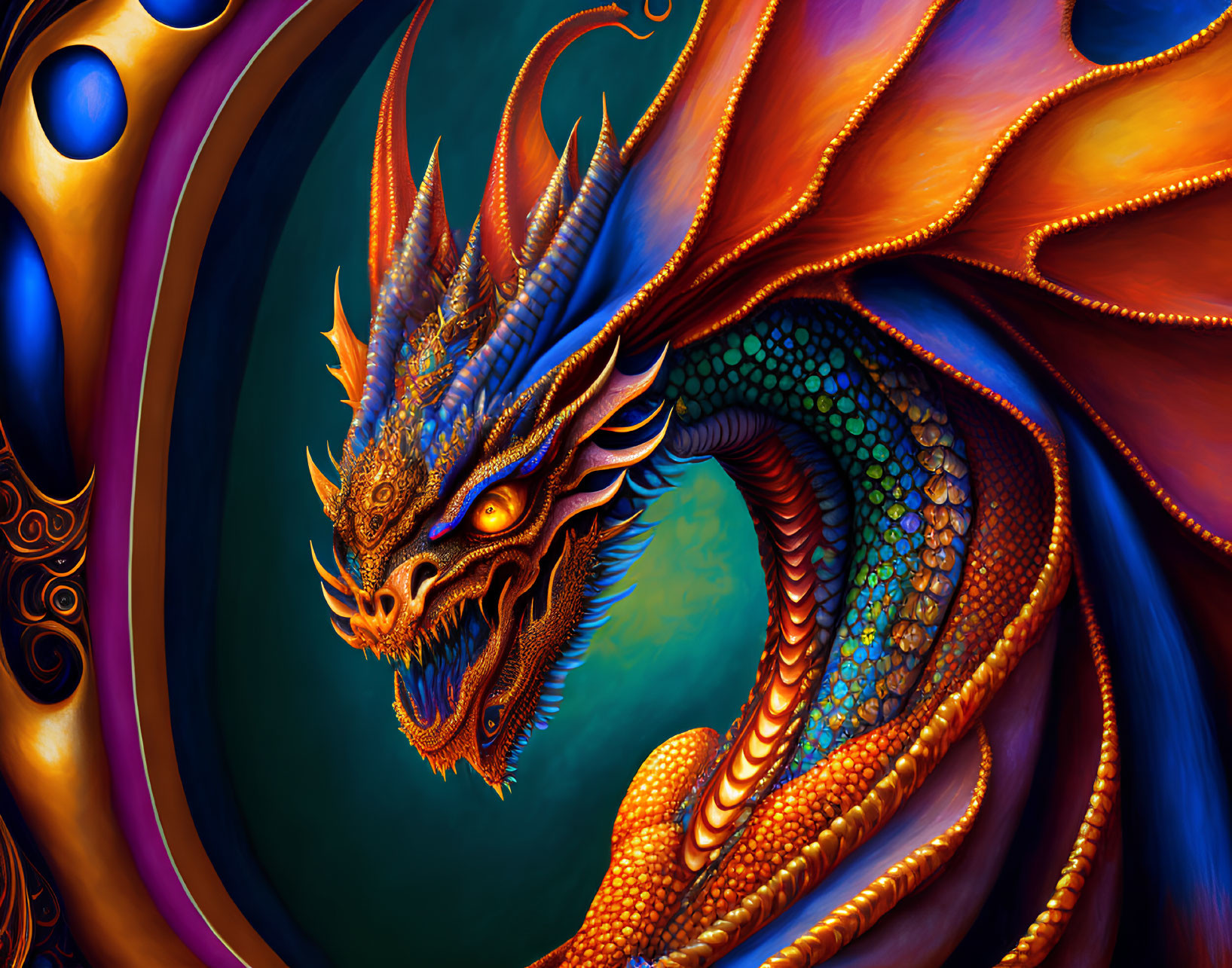 Detailed illustration of vibrant dragon with orange scales and fiery eyes