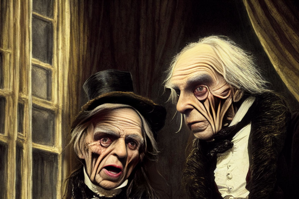 Two elderly gentlemen in historical attire against elegant backdrop