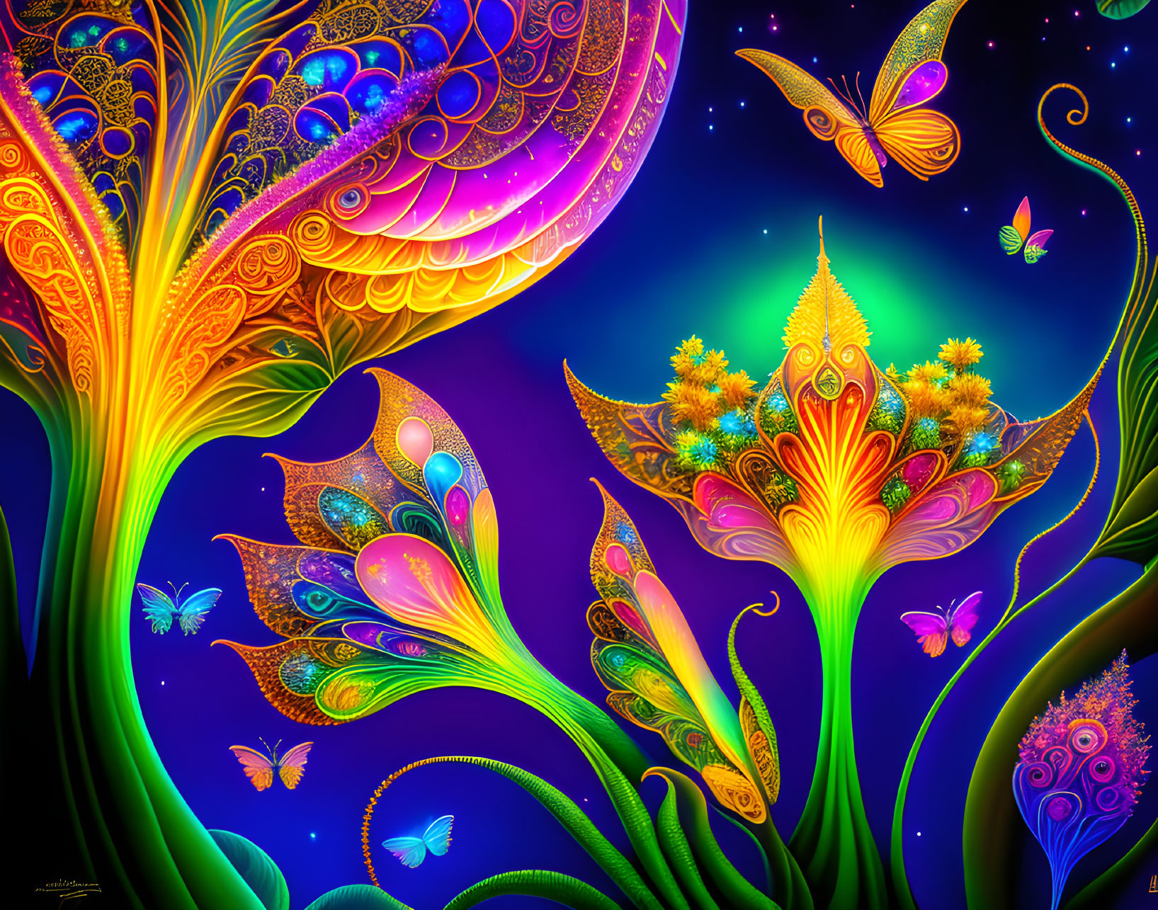 Colorful digital artwork of whimsical neon-lit fantasy landscape with stylized nature elements on dark backdrop