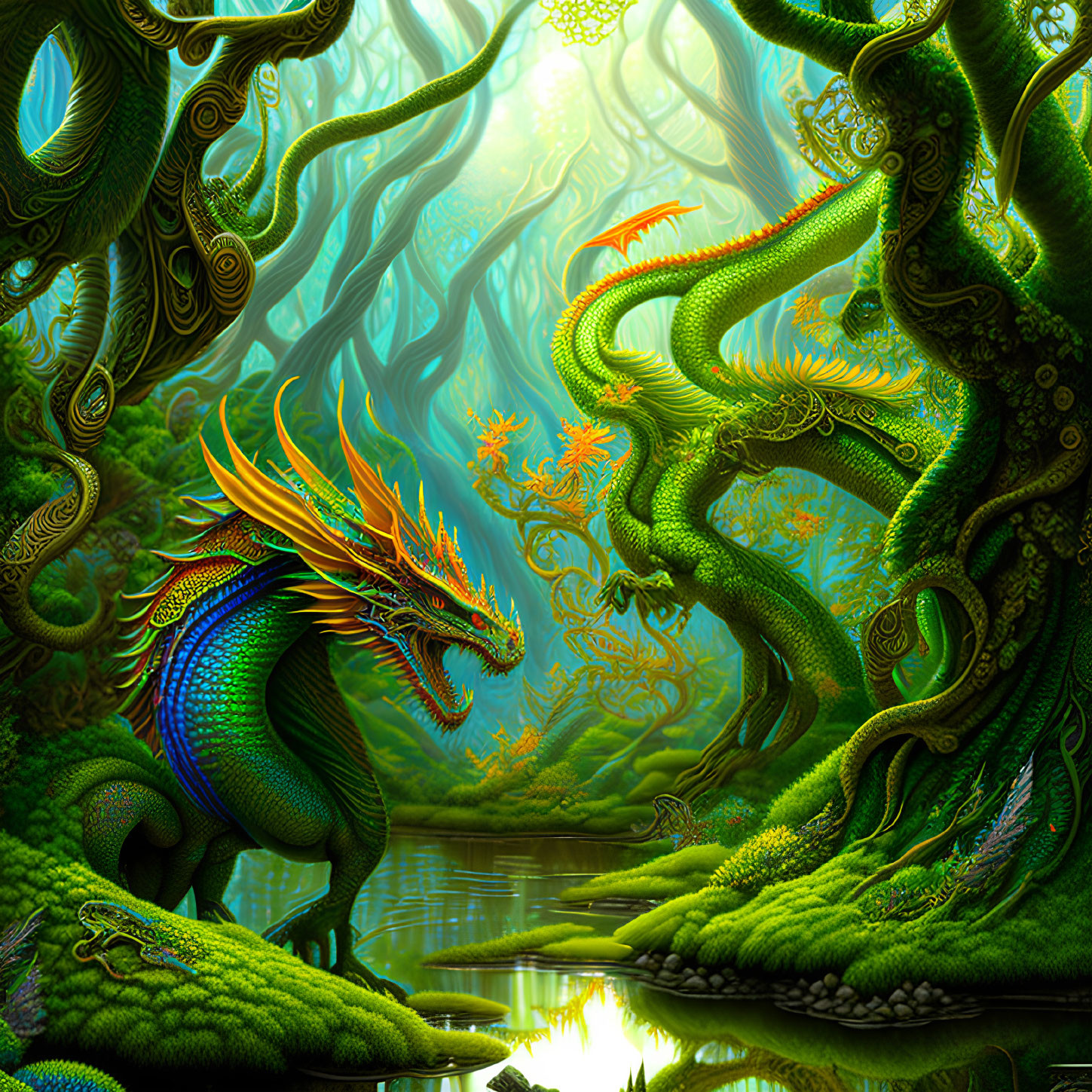 Colorful Dragon in Enchanted Forest Scene Illustration