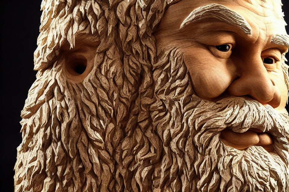 Detailed Wooden Figure with Carved Beard and Expressive Eyes
