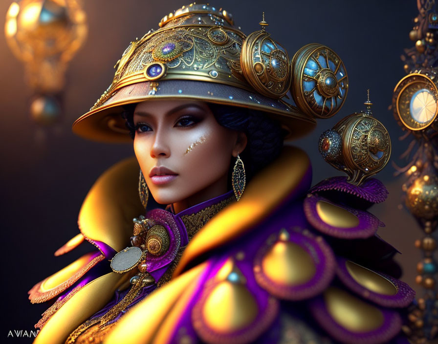 Luxurious steampunk-inspired helmet with golden gears and peacock feather accents