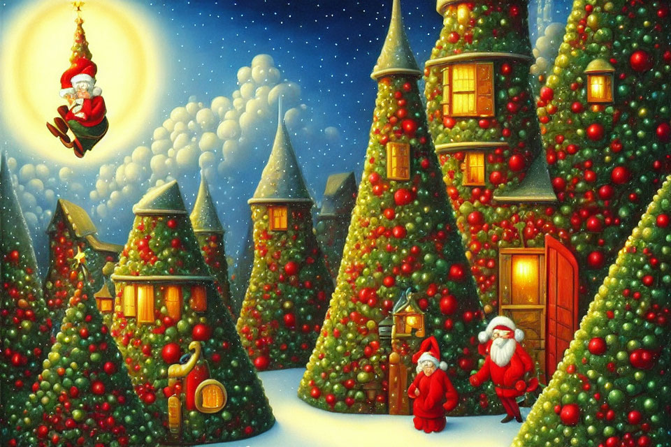 Santa Claus flying over snow-covered Christmas village with decorated tree houses.