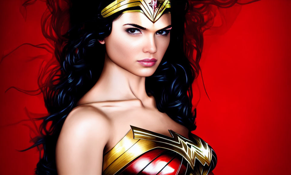 Dark-haired woman in Wonder Woman armor on red background