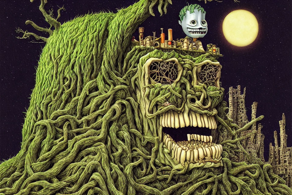 Illustration of mossy green giant with cityscape head, grinning moon, and crown-wearing