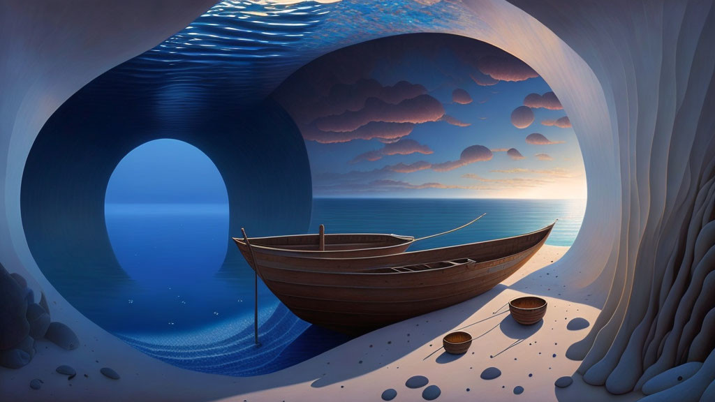 Surreal wooden boat in cave with ocean view at twilight