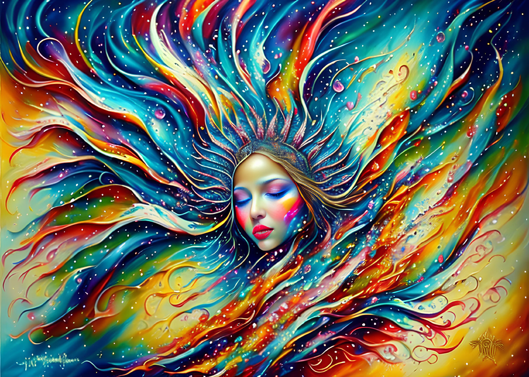 Colorful Artwork: Woman with Flowing Hair and Cosmic Patterns