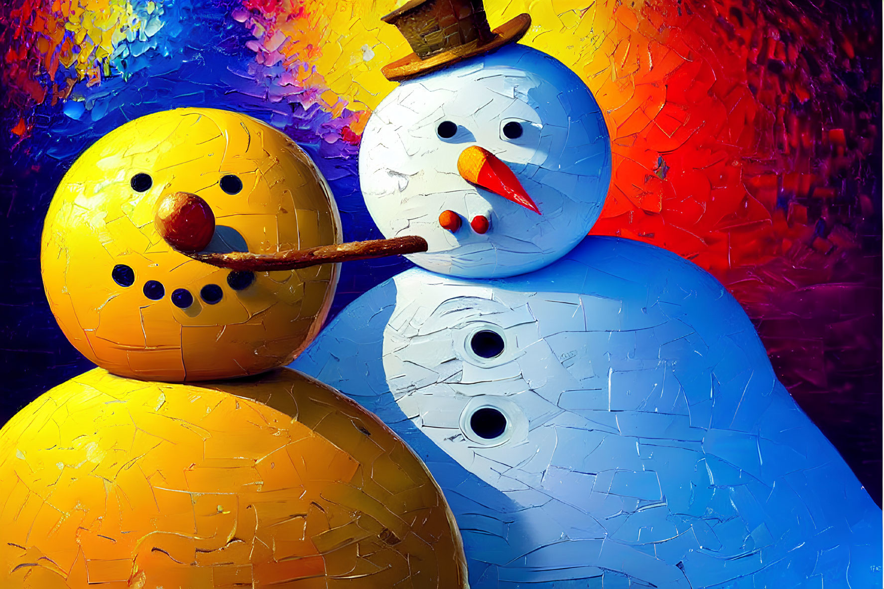Colorful Textured Snowmen with Carrot Noses and Hats on Vibrant Background