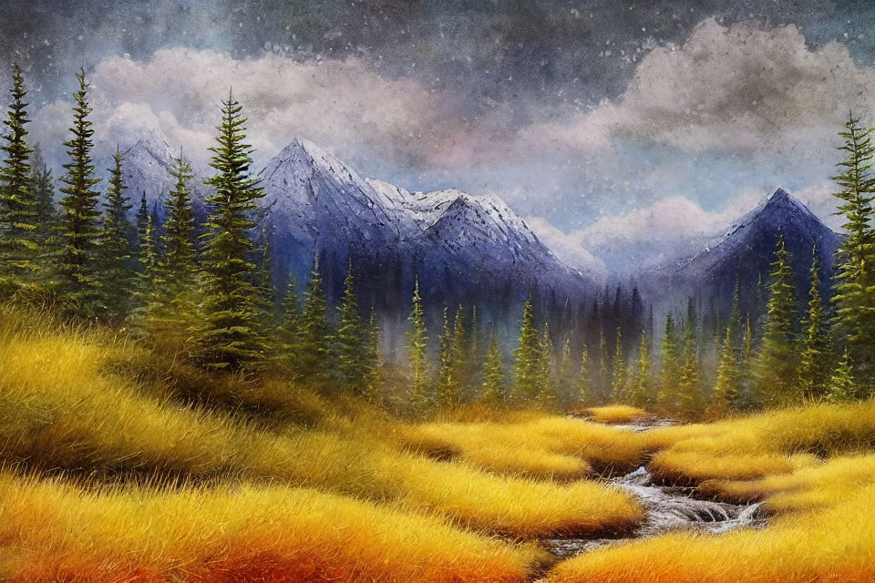Mountain landscape painting with river, golden fields, pine trees, and cloudy sky
