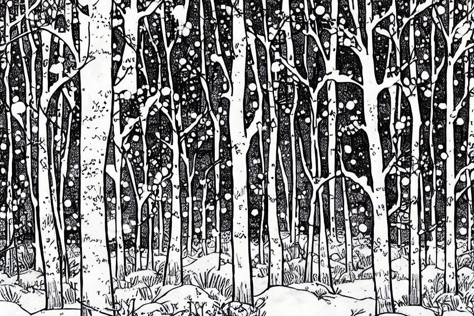 Monochrome winter birch forest illustration with falling snowflakes