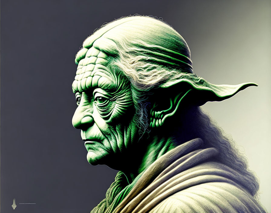Green-Skinned Male Character in Brown Robe on Gray Background
