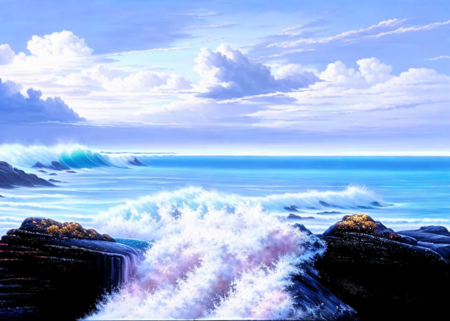Colorful Coastal Seascape with Rolling Waves and Dynamic Sky