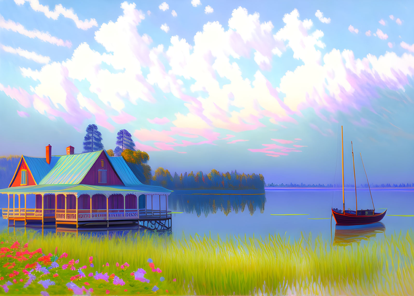 Colorful Sky Over Lakeside House on Stilts with Sailboat