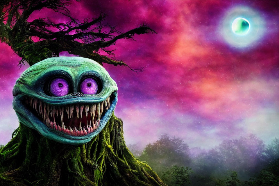 Exaggerated tree-like creature under vibrant purple sky with eclipse