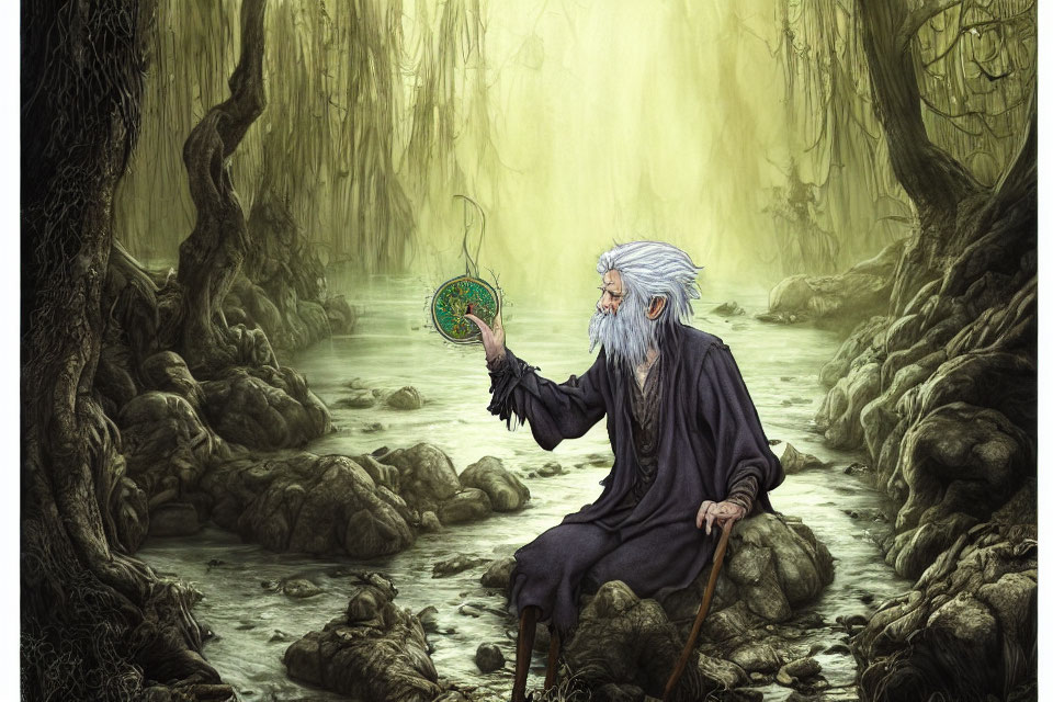 Elderly wizard with white beard in swamp holding green amulet and staff