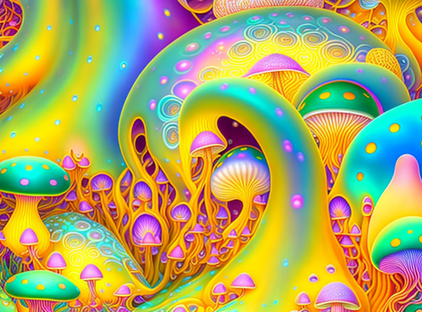 Colorful Psychedelic Illustration with Abstract Shapes and Mushroom-like Forms