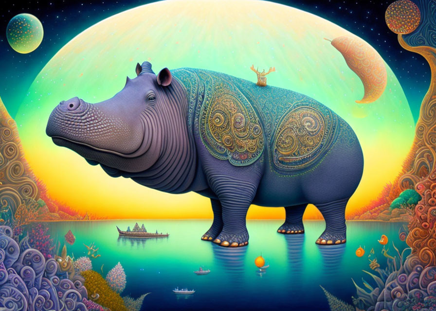Colorful illustration of decorated hippopotamus in whimsical sunset scene