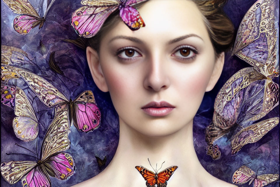 Surreal portrait of woman with butterflies on purple floral backdrop