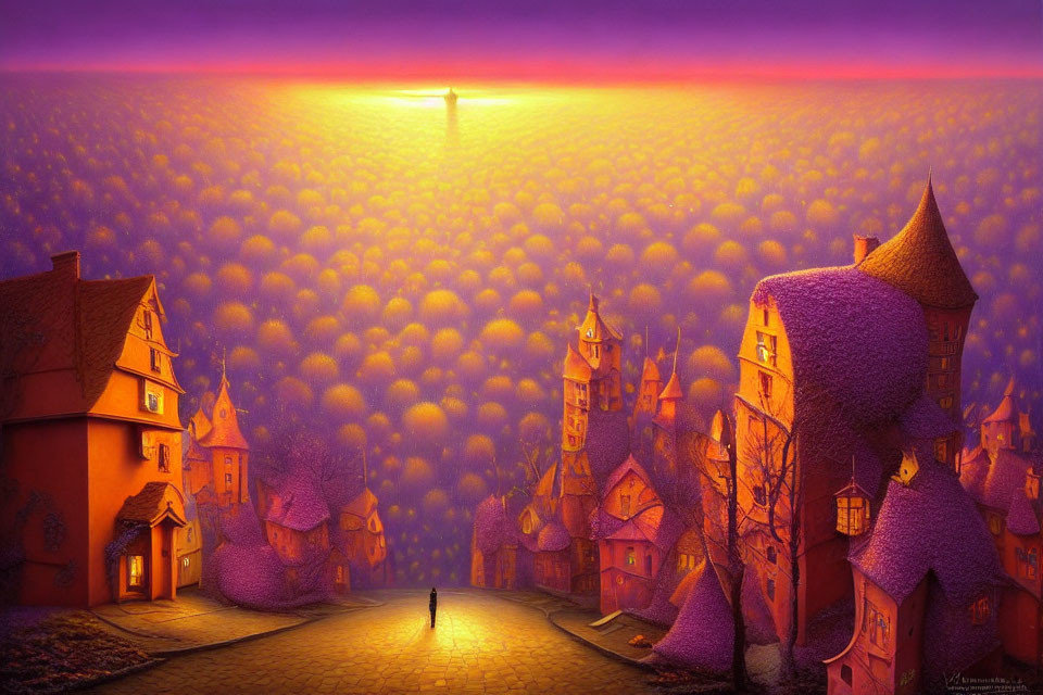 Surreal landscape with orange town and glowing sunset