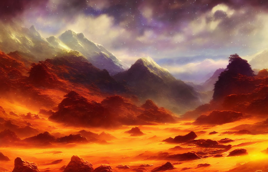 Vibrant digital artwork: Fiery landscape with starry sky and mountains