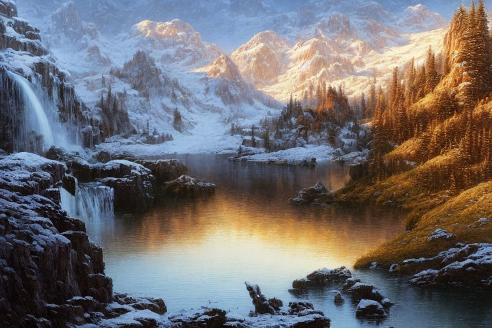 Tranquil alpine landscape with waterfall, lake, and snow-dusted peaks at sunset